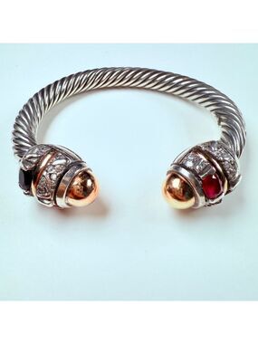 14K Gold Renaissance Ruby & Spinel Cable Cuff Sterling Silver 925 Bracelet